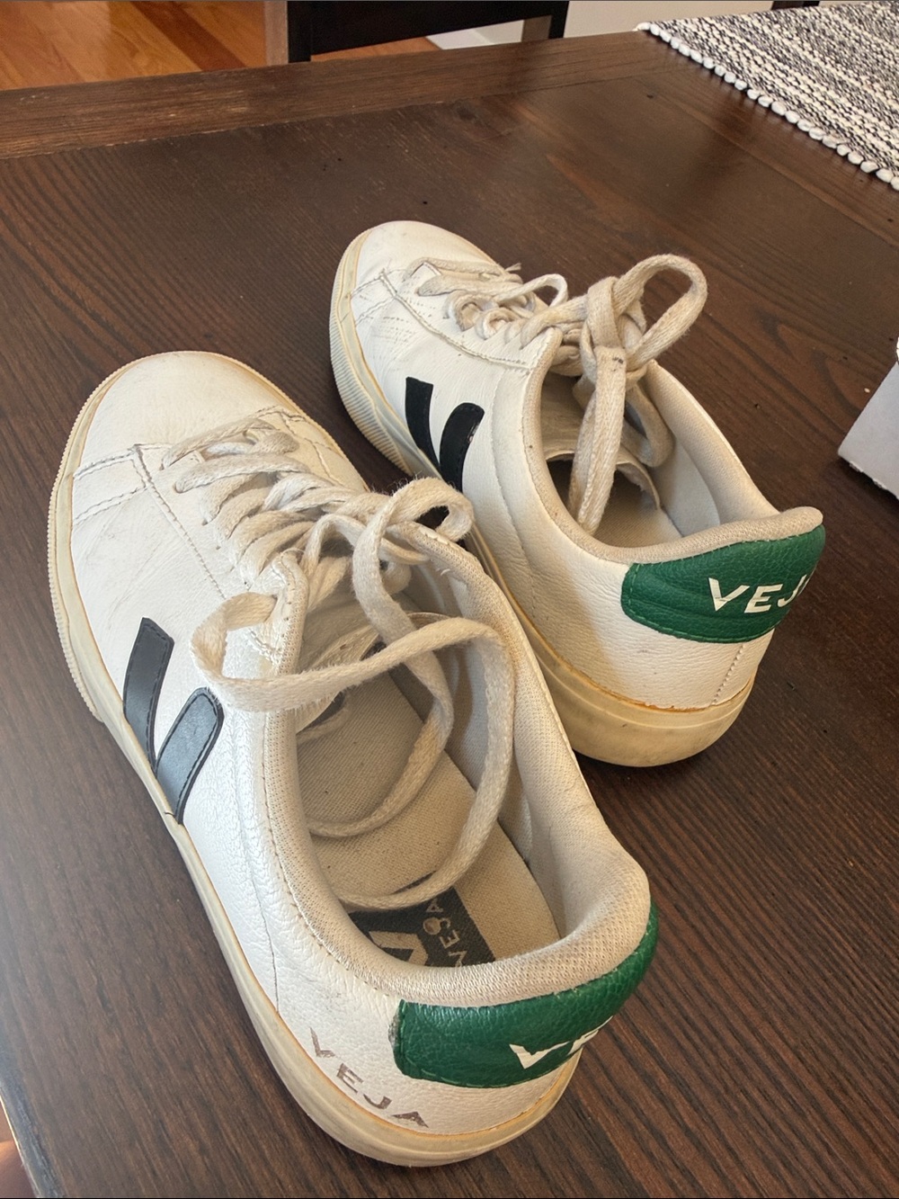 Veja White Leather Sneakers Size 6.5 with Black V and Green Heel Tab